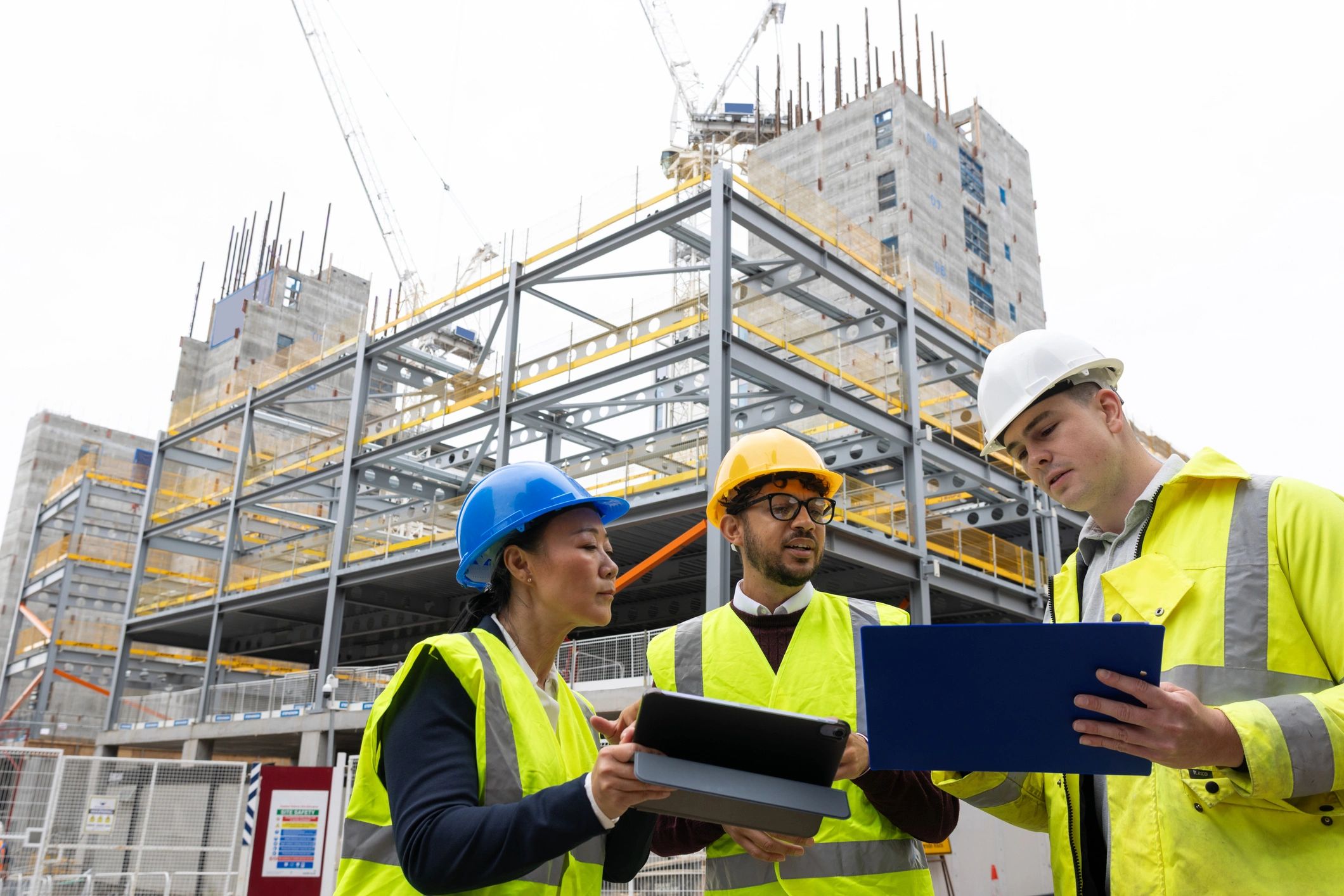 Construction managers and architects reviewing plans on site