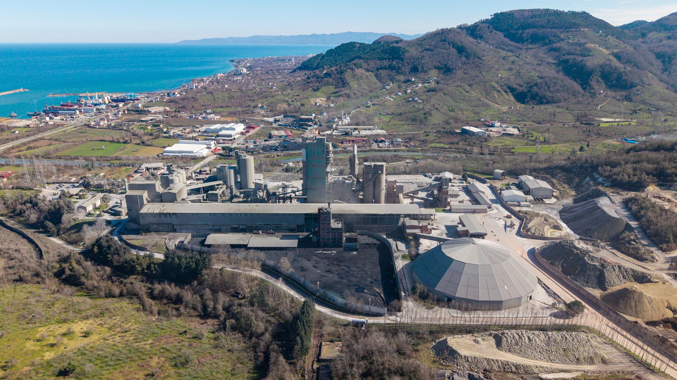 Aerial view of a large industrial production facility